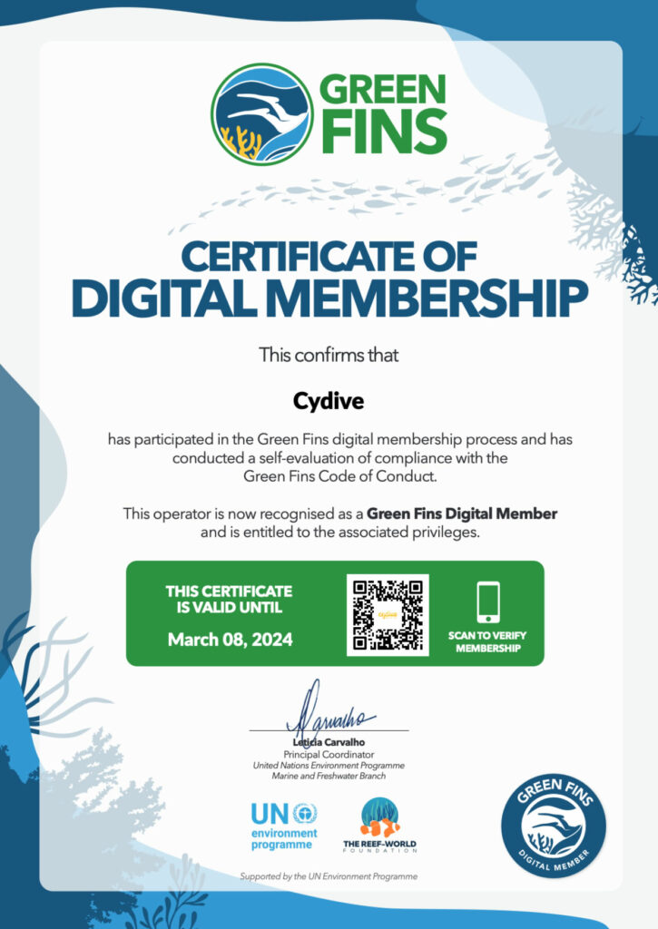 Cydive Green Fins Certificate Of Membership
